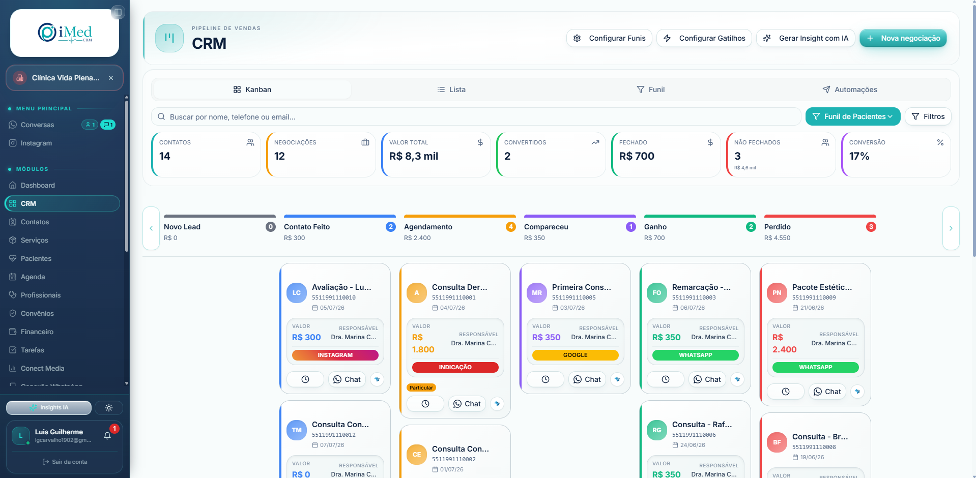 Pipeline de vendas em Kanban do iMed CRM