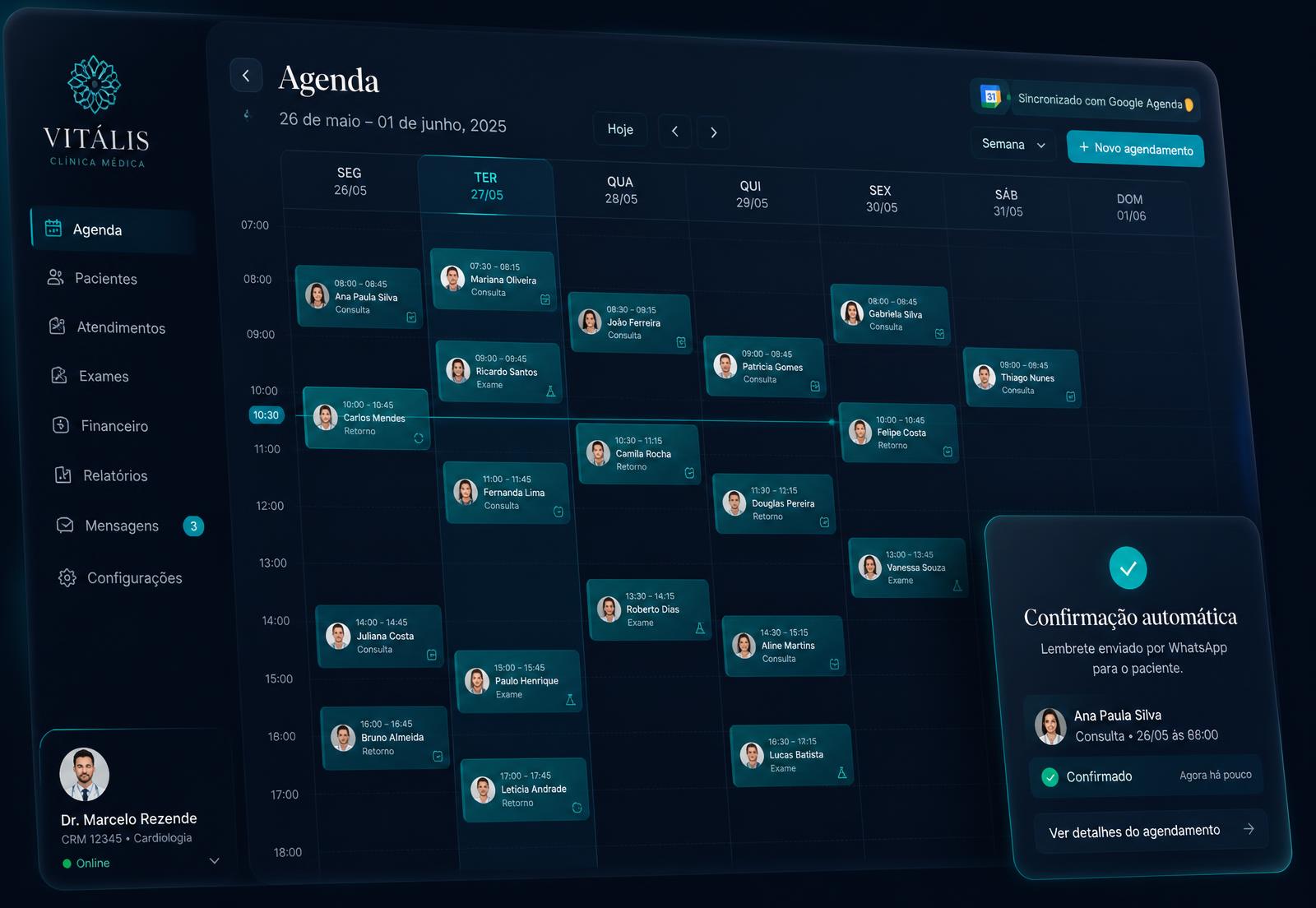Sync bidirecional Google Agenda + confirmação automática.